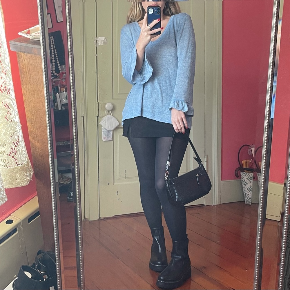 ASOS knit v-neck, baby blue, cute details on sleeves